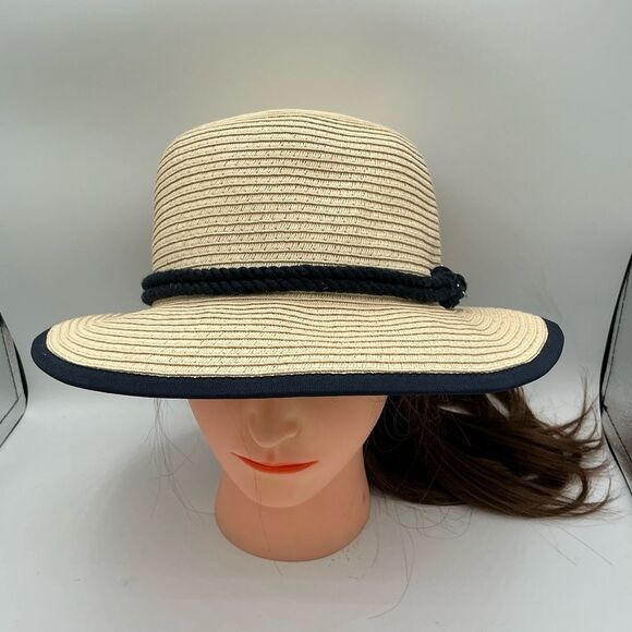 Talbots Women’s Beige Straw Sun Hat with Navy Trim and an anchor charm main image 6